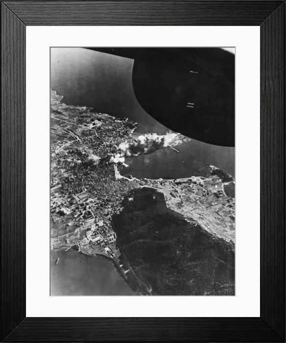Framed Print : Smoke rises from bomb hits on German harbour installations at Split Framed Print : Smoke rises from bomb hits on German harbour installations at Split