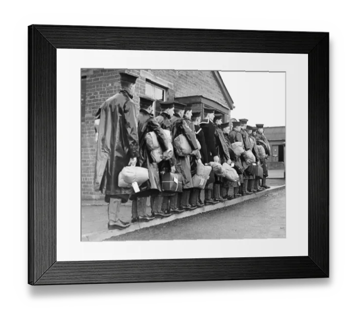 Framed Print : Line of civilians due to enter HMS Rayleigh in Plymouth