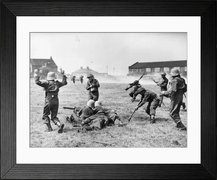 Framed Print : Members of the home guard on a training day. They are doing a mock attack on a gun