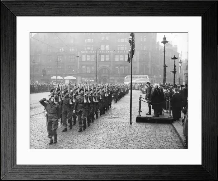 Framed Print : A parade in Lancashire. In front of the Northern Assurance Building