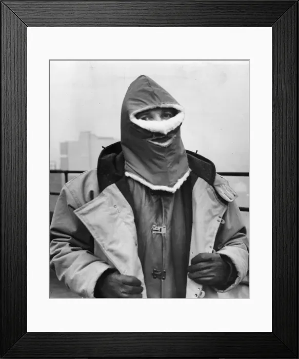 Framed Print : Arctic Visor modelled. New clothing for merchant seamen Framed Print : Arctic Visor modelled. New clothing for merchant seamen