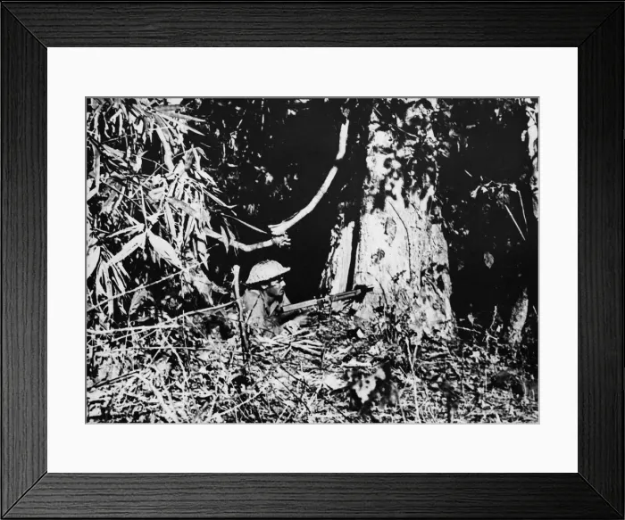 Framed Print : A Punjabi soldier with tommy-gun on the lookout for Japanese snipers. March 2, 1944
