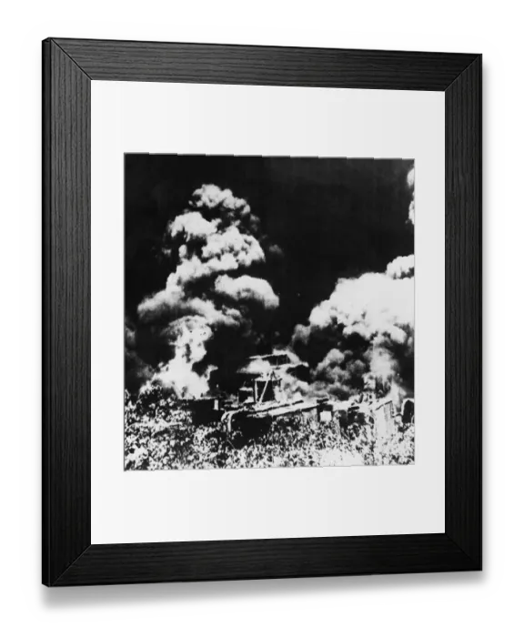 Framed Print : The Battle of Yenangyaung. Night picture of oil equipment blazing at the Yenangyaung Framed Print : The Battle of Yenangyaung. Night picture of oil equipment blazing at the Yenangyaung