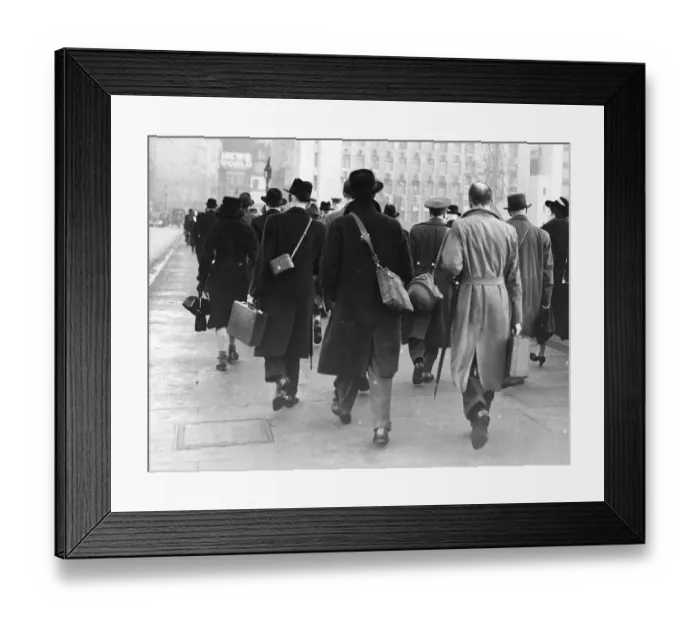 Framed Print : Workers going to work. City of London. They care carrying there tin helmets incase