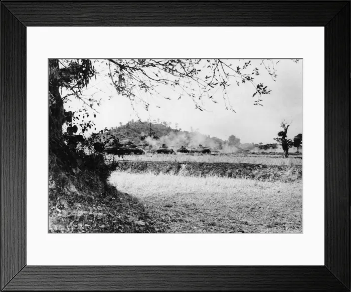 Framed Print : Tanks of B Squadron King George Vs Own 19th Lancers firing on Japanese positions in Framed Print : Tanks of B Squadron King George Vs Own 19th Lancers firing on Japanese positions in