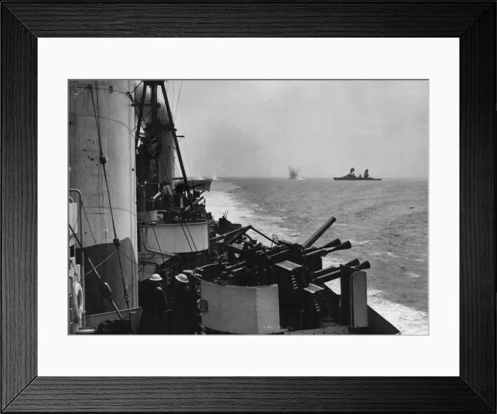 Framed Print : USS Quincy, (radar and radio aerials painted out by censor ) seen from HMS Enterprise Framed Print : USS Quincy, (radar and radio aerials painted out by censor ) seen from HMS Enterprise