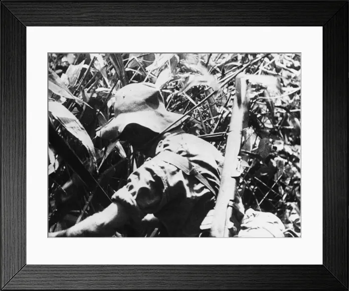 Framed Print : A Chindit hacks his way through thick jungle. A scene from the Army film Unit Production Framed Print : A Chindit hacks his way through thick jungle. A scene from the Army film Unit Production