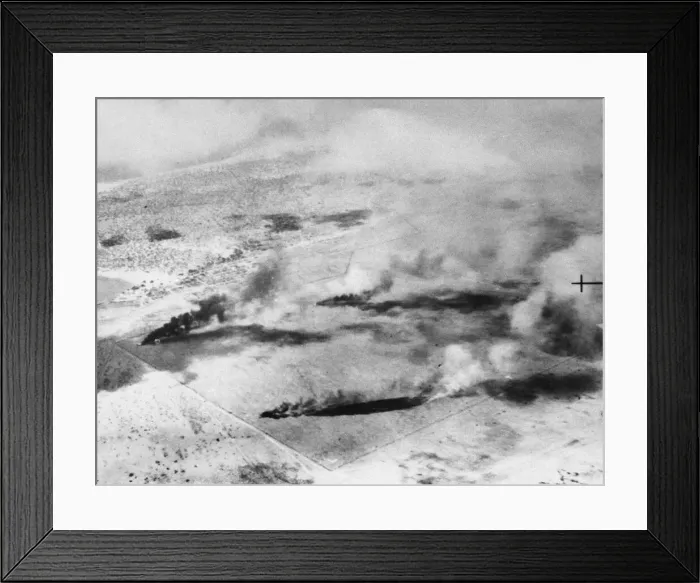 Framed Print : Fires rage in Somalia, Gobwen aerodrome in Middle East, desert after air strikes by R. A Framed Print : Fires rage in Somalia, Gobwen aerodrome in Middle East, desert after air strikes by R. A