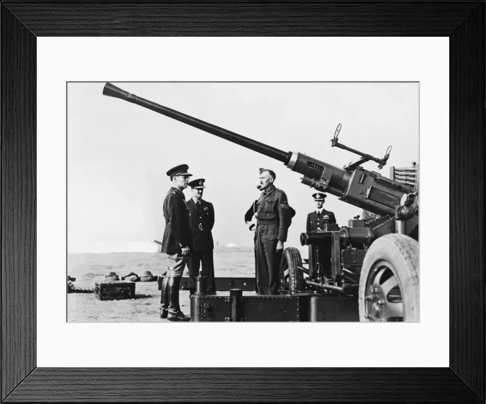 Framed Print : The King of Greece inspecting a light A. A gun during a tour he made of an R. A Framed Print : The King of Greece inspecting a light A. A gun during a tour he made of an R. A