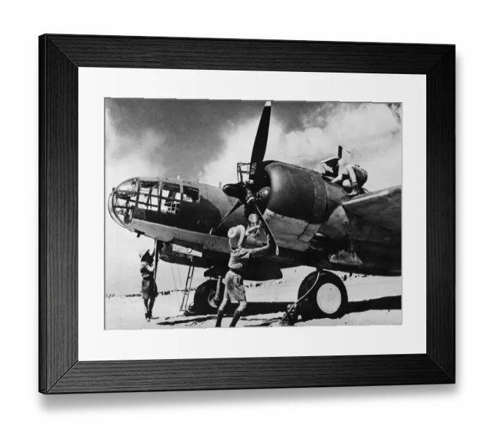 Framed Print : R. A. F. in East Africa. Ground crew checking up before a Glen Martin Maryland takes