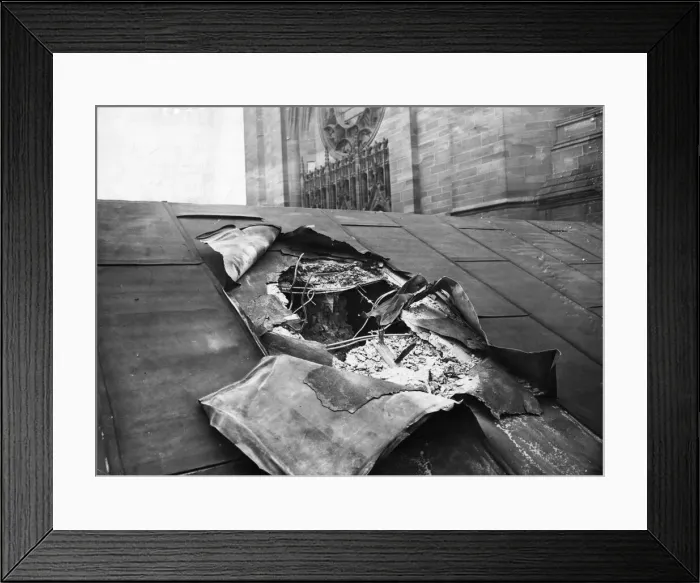 Framed Print : Picture shows a hole in the roof of the Derby Memorial Transept (memorial space Framed Print : Picture shows a hole in the roof of the Derby Memorial Transept (memorial space