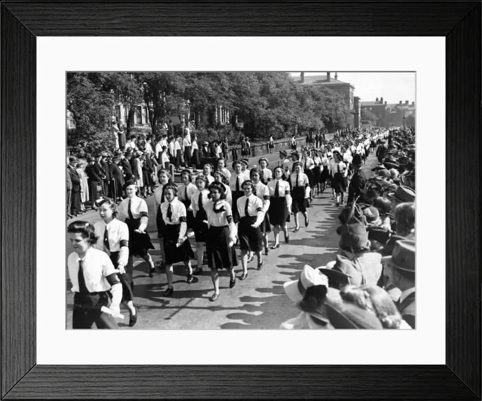 Framed Print : Members of the Girls Training Corps, Liverpool, marching past the saluting crows Framed Print : Members of the Girls Training Corps, Liverpool, marching past the saluting crows