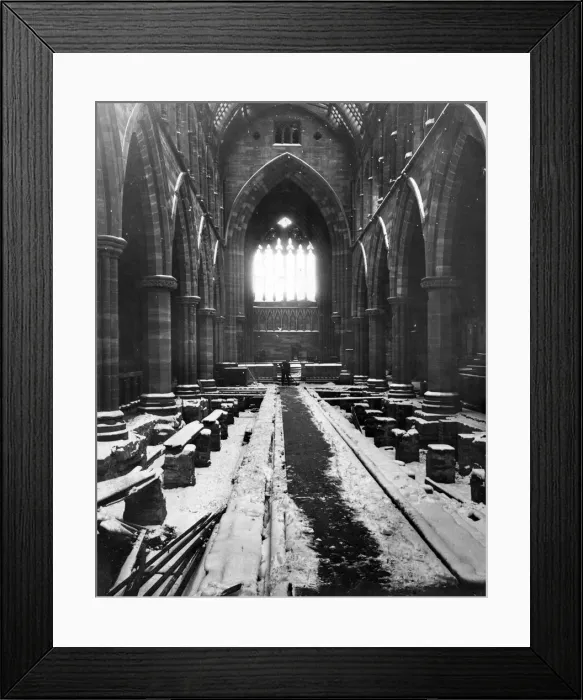 Framed Print : Snow inside Mossley Hill Church, Liverpool, following damage caused by a Nazi raid Framed Print : Snow inside Mossley Hill Church, Liverpool, following damage caused by a Nazi raid