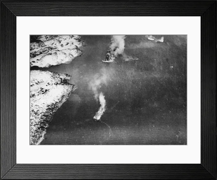 Framed Print : Fleet Air Arm Shatter Enemy Convoy. Picture taken from one of the attacking Framed Print : Fleet Air Arm Shatter Enemy Convoy. Picture taken from one of the attacking