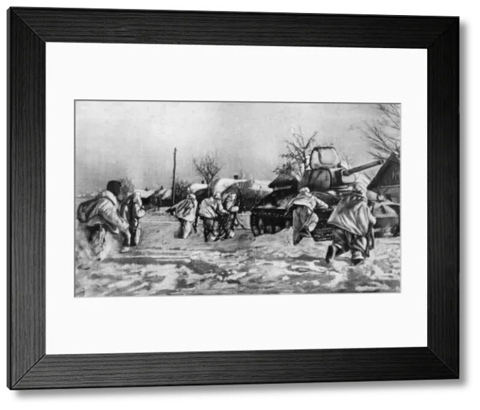 Framed Print : Red Army tank men, clad in white, running for cover behind a heavy Soviet tank in a