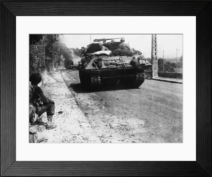 Framed Print : Americans Pass By Blazing German Armour. En route to Paris toad in the liberation Framed Print : Americans Pass By Blazing German Armour. En route to Paris toad in the liberation