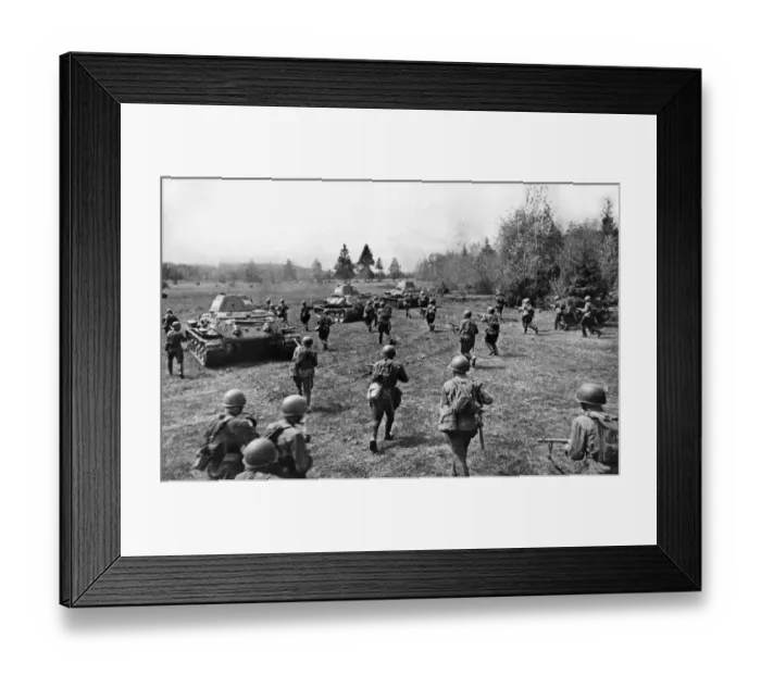 Framed Print : Soldiers of the Soviet Red Army supported by tanks attacking enemy fortifications during