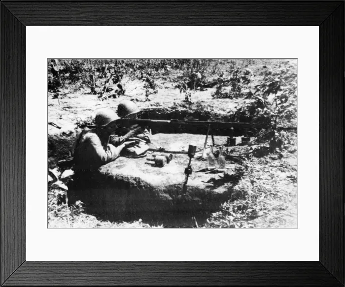 Framed Print : A low platform with surrounding trench dug into the soil with two soldiers of the Soviet Framed Print : A low platform with surrounding trench dug into the soil with two soldiers of the Soviet