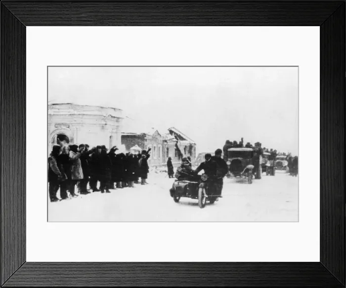 Framed Print : Picture shows: The population of a liberated village welcoming Red Army soldiers who