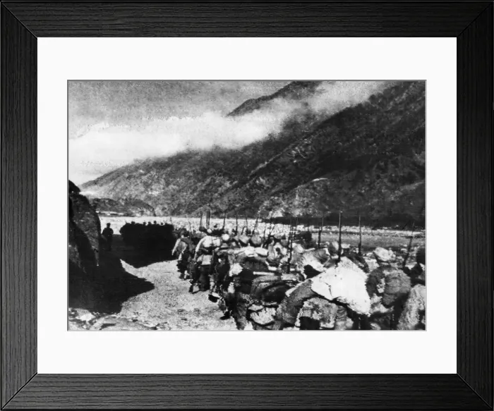 Framed Print : Red Army reinforcements on their way to the front line in the mountain passes of