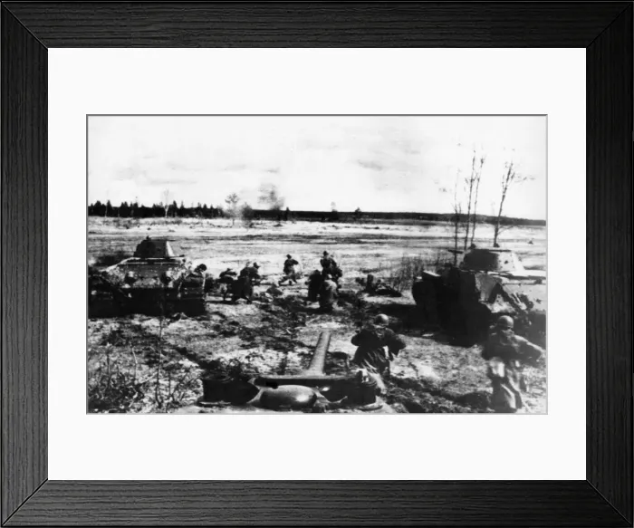 Framed Print : Tanks of the Soviet Red Army blast a German position into retreat on the Soviet western Framed Print : Tanks of the Soviet Red Army blast a German position into retreat on the Soviet western