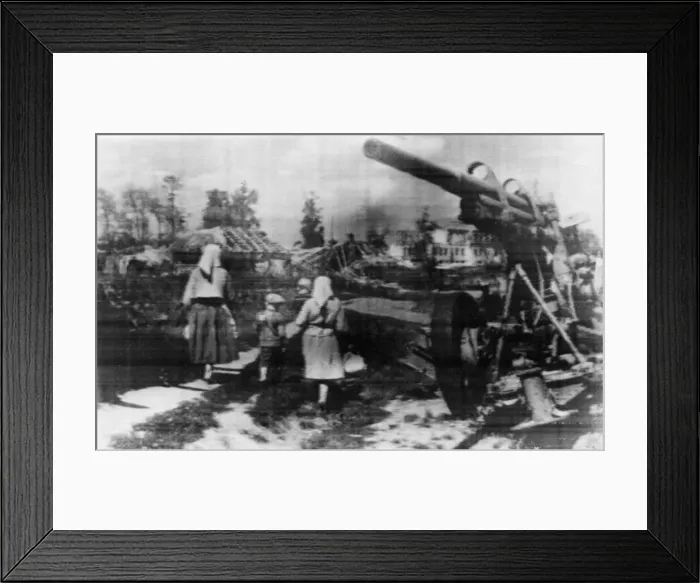 Framed Print : Residents return to their homes in a Soviet village on the way to Bryansk Framed Print : Residents return to their homes in a Soviet village on the way to Bryansk