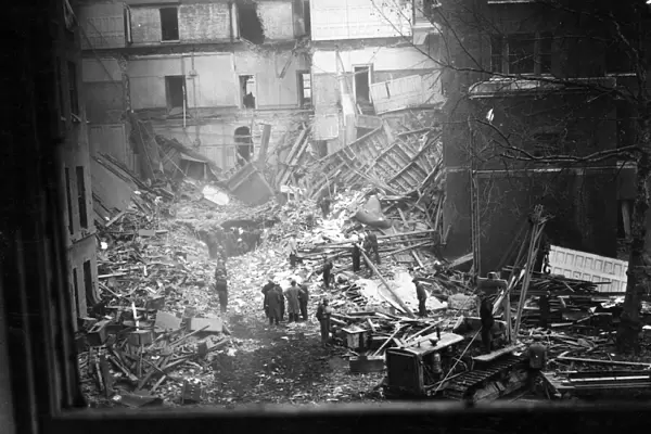 The Treasury, Whitehall, after being hit by a bomb. Circa 1940
