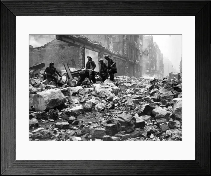 Framed Print : AFS men among the debris at Newgate Street, London. December 1940 Framed Print : AFS men among the debris at Newgate Street, London. December 1940