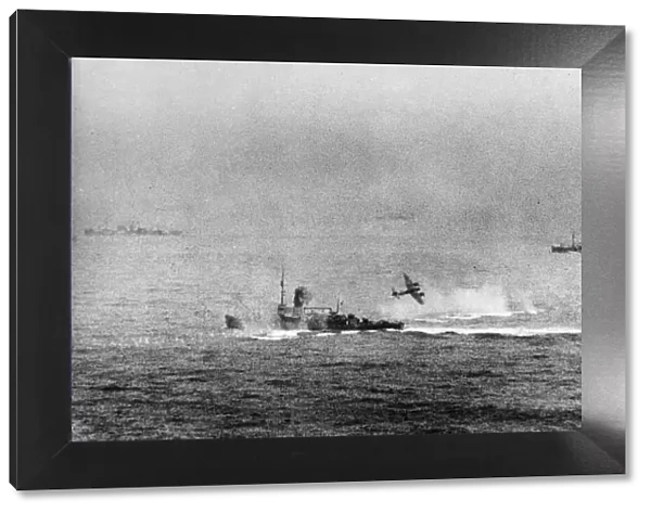 Vivid action photograph recording a phase in a successful torpedo attack by Beaufighters