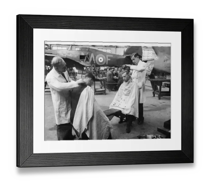 Framed Print : Picture shows young royal air force recruits getting their hair cut within an air craft Framed Print : Picture shows young royal air force recruits getting their hair cut within an air craft