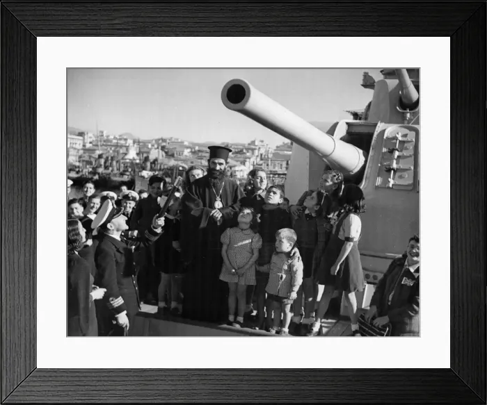 Framed Print : Anchored at Piraeus, the crew or HMS Ajax gave a party to Greek children to celebrate