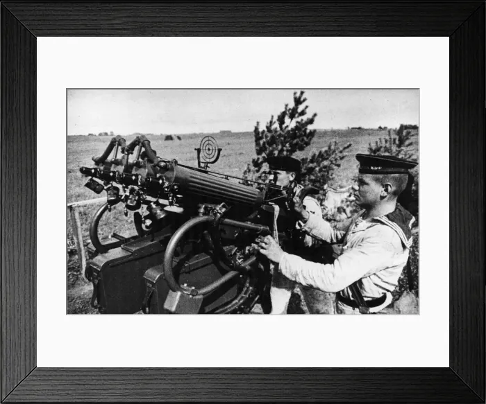 Framed Print : Anti aircraft gunners of the Russian Navy are seen on watch with their four barrel Framed Print : Anti aircraft gunners of the Russian Navy are seen on watch with their four barrel