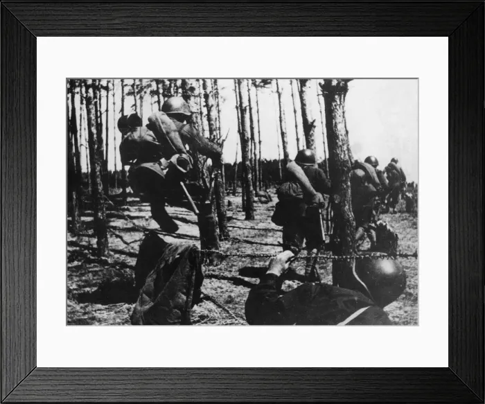 Framed Print : Soviet Red Army troops picking their way carefully through Nazi defence wire as they Framed Print : Soviet Red Army troops picking their way carefully through Nazi defence wire as they