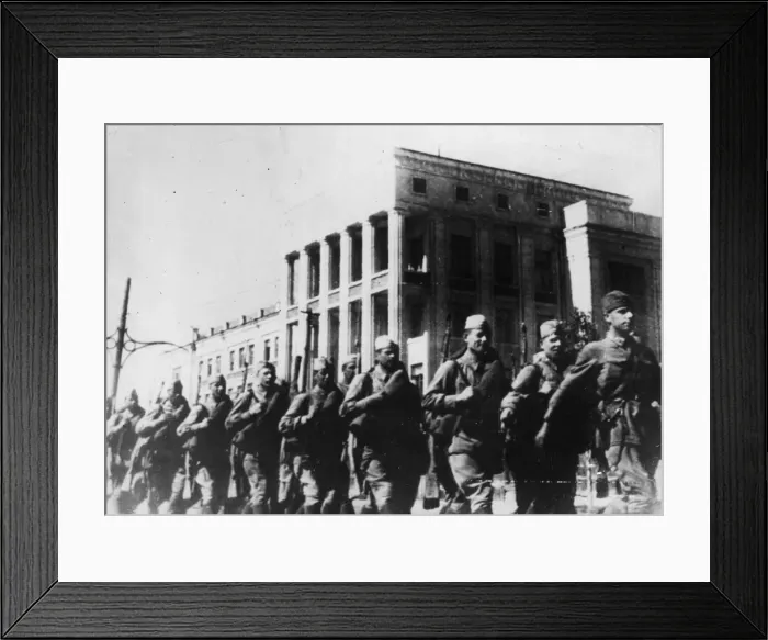 Framed Print : Soldiers of the Soviet Red Army marching through the streets of a townin the front zone Framed Print : Soldiers of the Soviet Red Army marching through the streets of a townin the front zone