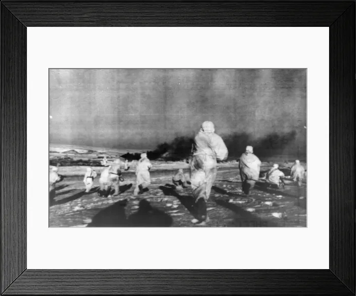 Framed Print : Winter clad snow soldiers of the Soviet Red Army run to the attack in a populated area Framed Print : Winter clad snow soldiers of the Soviet Red Army run to the attack in a populated area