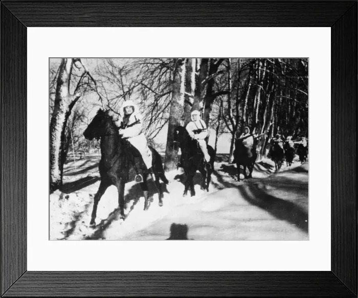 Framed Print : Soviet Red Army troops in white winter camouflage, ride on horseback on their way to Framed Print : Soviet Red Army troops in white winter camouflage, ride on horseback on their way to