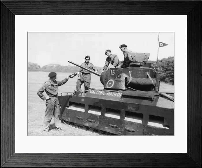 Framed Print : Lt. Peter Gill christens a Matilda tank during Second World War. 5th July 1941 Framed Print : Lt. Peter Gill christens a Matilda tank during Second World War. 5th July 1941