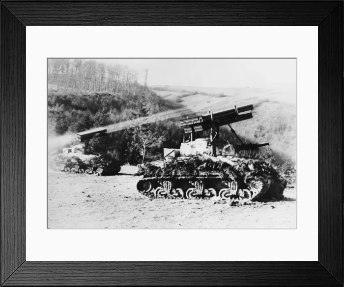 Framed Print : M4 tank fires rockets at Beisdorf, Germany during Second World War. 10th March 1945