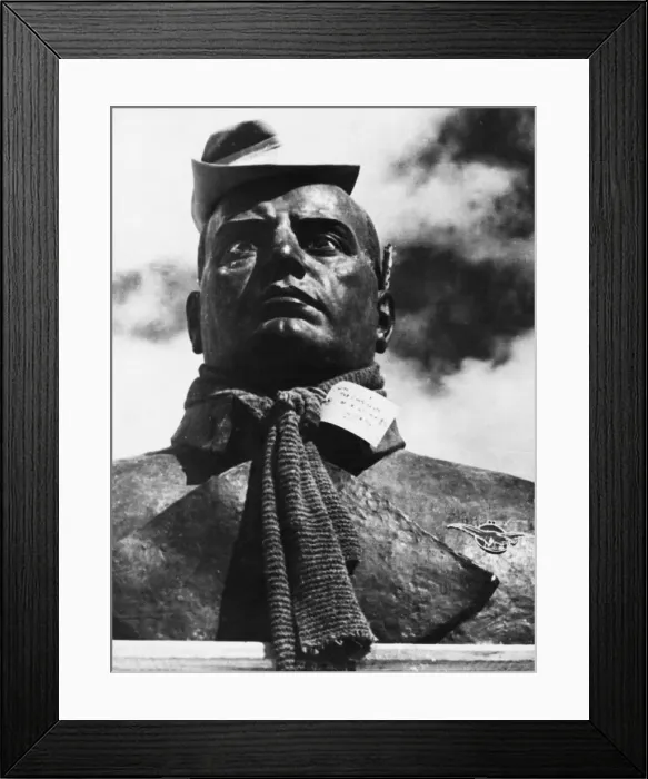 Framed Print : A bust of Mussolini decorated with an Australian hat and scarf. 8th May 1943 Framed Print : A bust of Mussolini decorated with an Australian hat and scarf. 8th May 1943