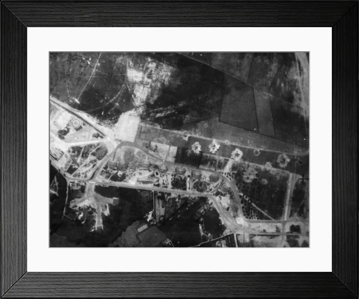 Framed Print : Nine bombs bursting on the concrete runway of St. Omer / Longuenesse aerodrome Framed Print : Nine bombs bursting on the concrete runway of St. Omer / Longuenesse aerodrome
