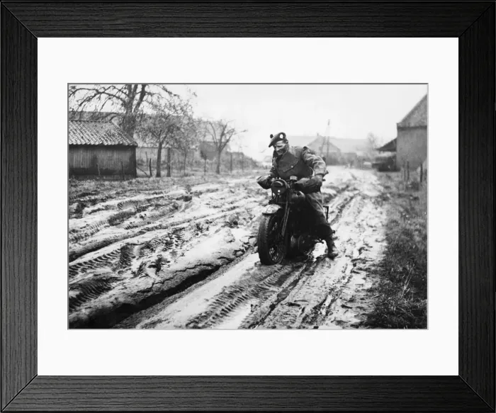 Framed Print : A dispatch rider on a Dutch road during Second World War. 5th December 1944 Framed Print : A dispatch rider on a Dutch road during Second World War. 5th December 1944