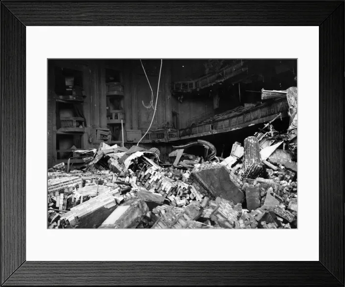 Framed Print : Damage cause by a flying bomb to a theatre in Streatham Hill, London. 3rd July 1944 Framed Print : Damage cause by a flying bomb to a theatre in Streatham Hill, London. 3rd July 1944