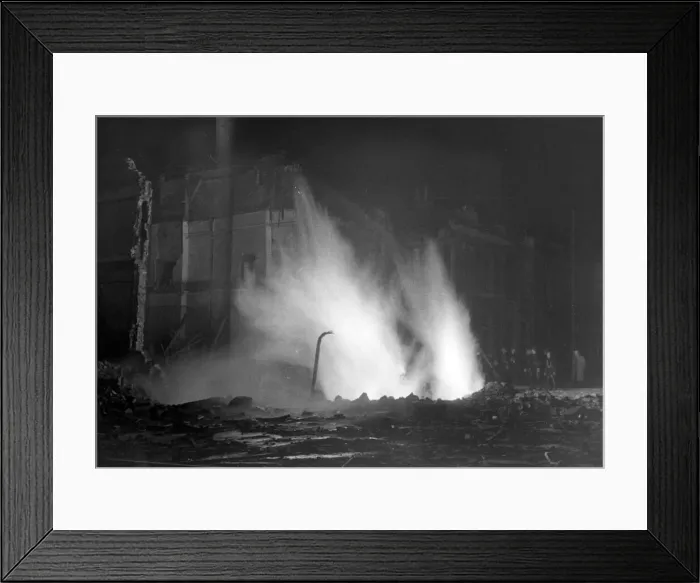 Framed Print : Deptford and St Antholin Church, Nunhead Lane, London, during bombing raid on the night Framed Print : Deptford and St Antholin Church, Nunhead Lane, London, during bombing raid on the night