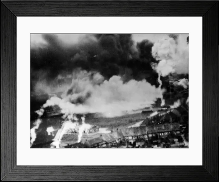 Framed Print : The Philips radio valve works in Eindhoven almost completely obscured by smoke after a Framed Print : The Philips radio valve works in Eindhoven almost completely obscured by smoke after a