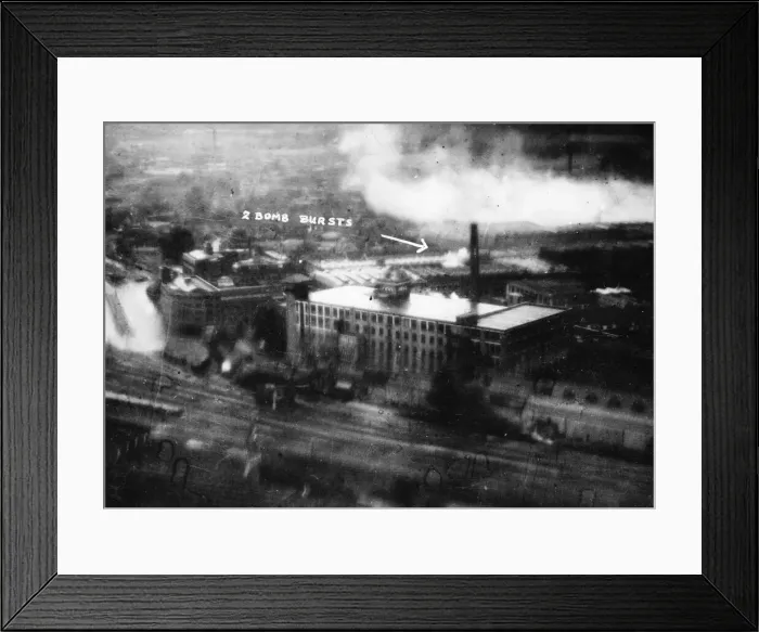 Framed Print : Two bombs explode during a low-level attack on Stork Engineering Framed Print : Two bombs explode during a low-level attack on Stork Engineering