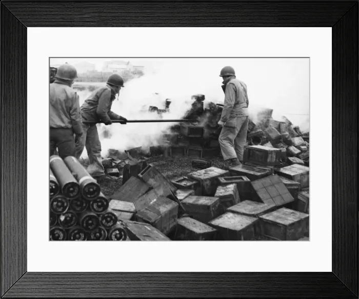 Framed Print : Allied troops fighting to extinguish a fire at an ammunition dump after a German air Framed Print : Allied troops fighting to extinguish a fire at an ammunition dump after a German air