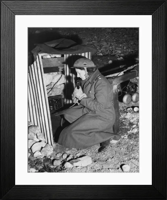 Framed Print : Margaret Thain Davis phoning from a dugout site. 13th March 1944 Framed Print : Margaret Thain Davis phoning from a dugout site. 13th March 1944