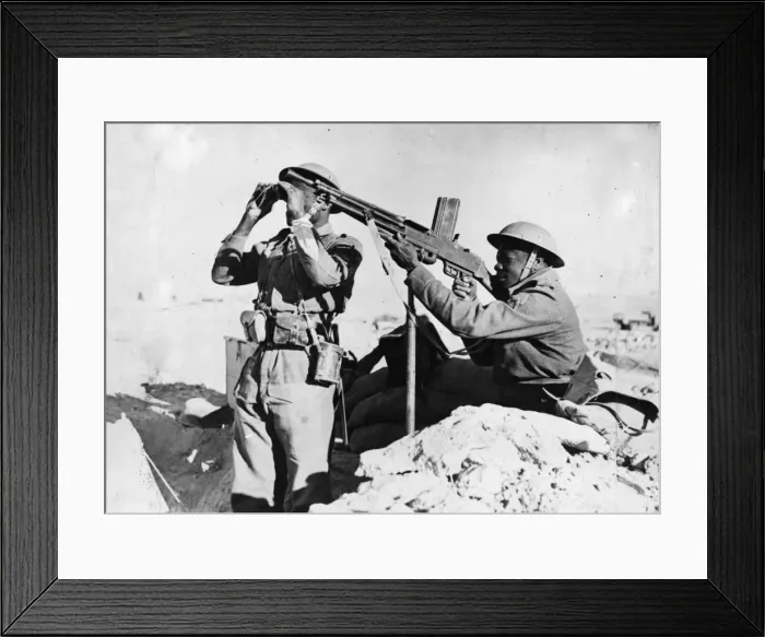 Framed Print : Free French Forces in The Middle East. Picture shows a machine-gun post in a Framed Print : Free French Forces in The Middle East. Picture shows a machine-gun post in a