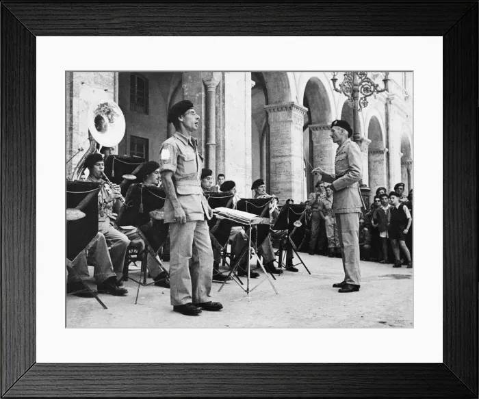 Framed Print : Trumpet Major Joseph Allen entertains locals in Perugia. 15th July 1944 Framed Print : Trumpet Major Joseph Allen entertains locals in Perugia. 15th July 1944