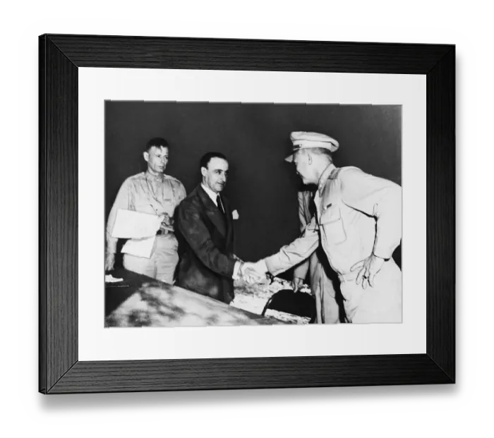 Framed Print : General Castellano shakes hands with General Eisenhower after signing the armistice Framed Print : General Castellano shakes hands with General Eisenhower after signing the armistice